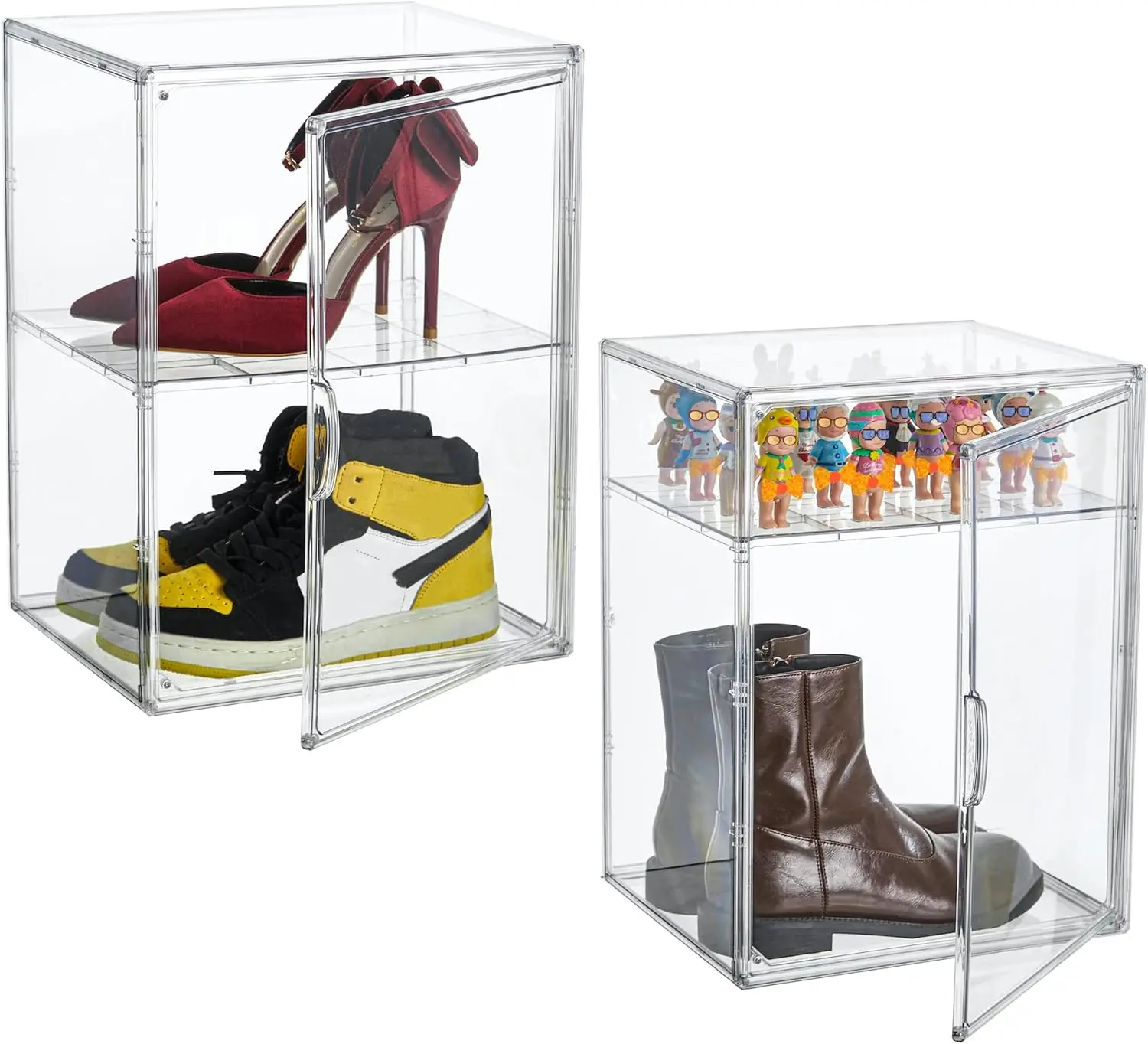 

Large Clear Acrylic Shoe Storage Box with Adjustable Divider and Magnetic Door, 2-Pack Stackable Display Case