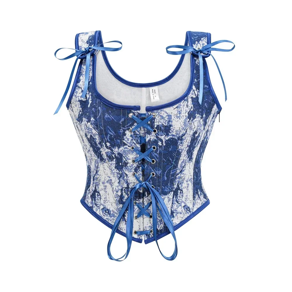 

Fashion Floral Printed Denim Overbust Corset Tops Gothic Vest Corselet With Front Lacing Steampunk Tank Sexy Women Bustiers