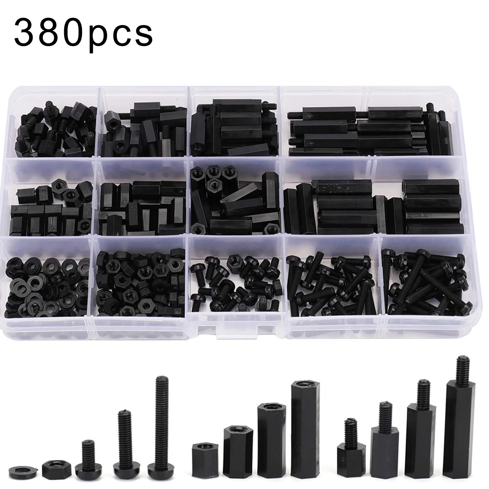 380pcs/kit Black Male Female Nylon Hex Spacer Standoff Screw Nut Set Assortment Kit With Box Replacement Tool