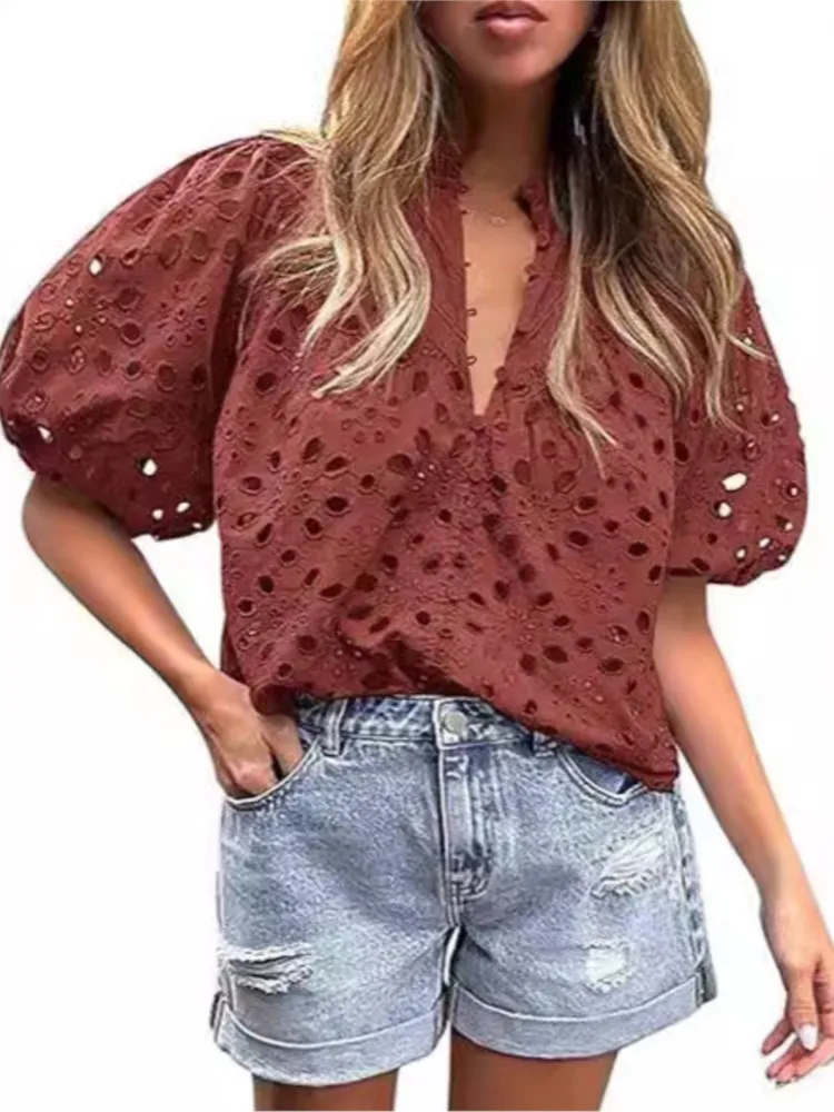 Women\'s Shirt Summer Hollowed-out Lace Jacquard Blouse Spring Stand Collar Button Shirt Lantern Short Sleeve Office Tops Women