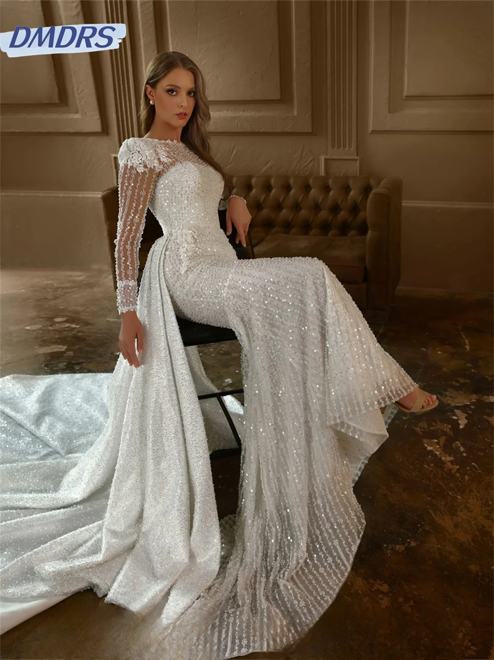 Charming Long-Sleeved Bridal Dresses 2024 Luxurious Appliquéd Wedding Dress Romantic Tulle Floor-length Dress Vestidos De Novia