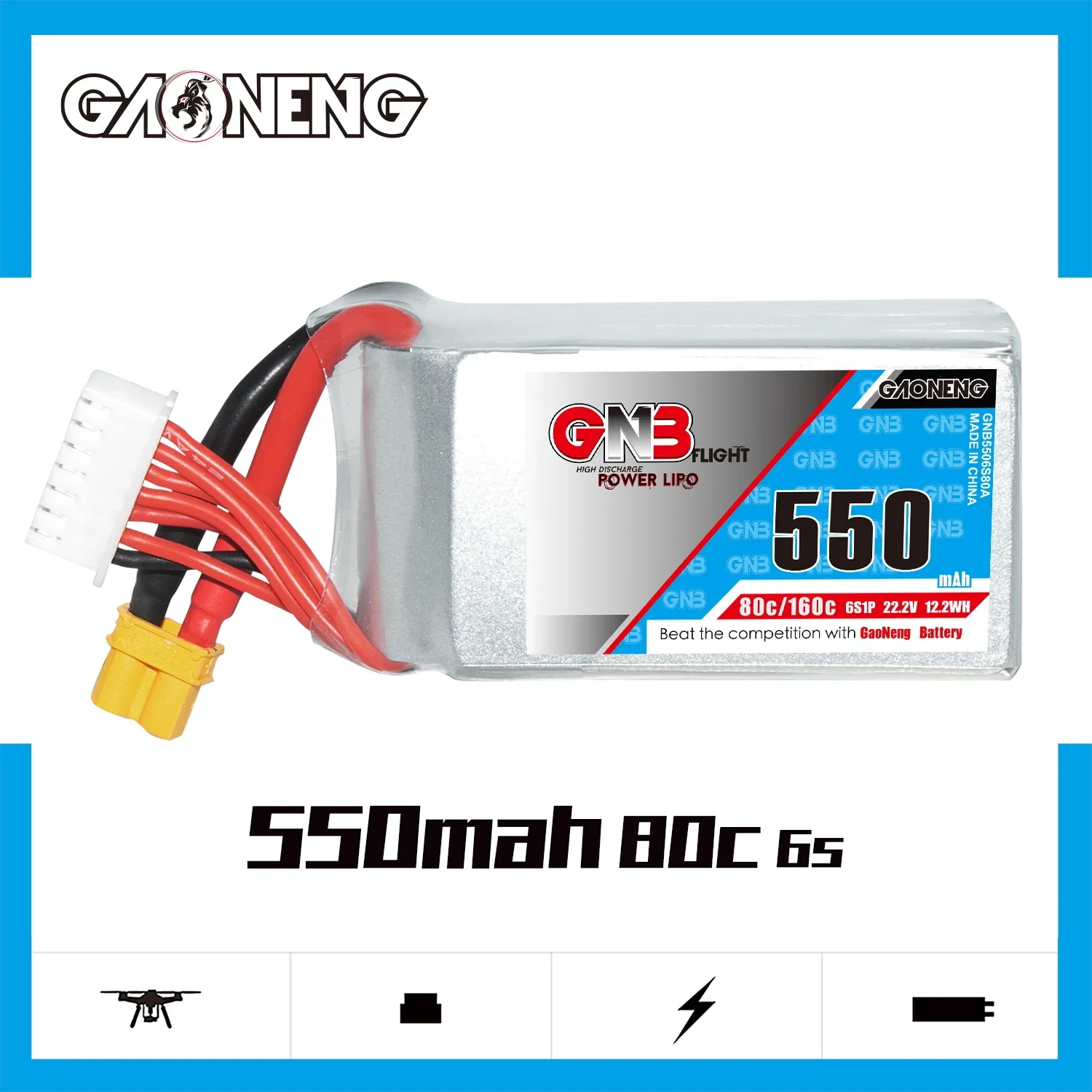 GAONENG GNB 550mAh 6S 80C 160C 22.2V XT30 LiPo Battery Square Type 3 inch Toothpick Drone Cine Whoop Cinelog Racing FPV