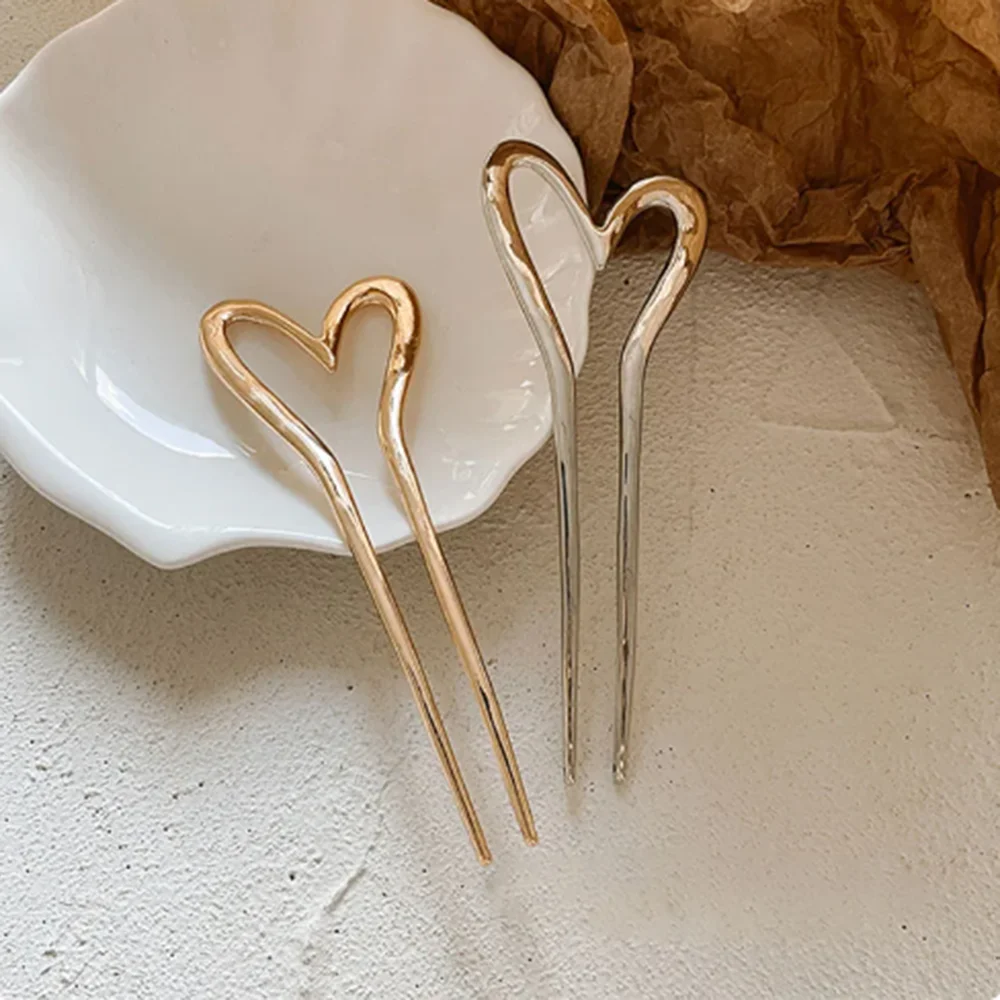 Korean Hair Accessories Metal U Shape Hairpins For Women Girls Silver Gold Color Headwear Simple Heart Shaped Hair Sticks Gifts