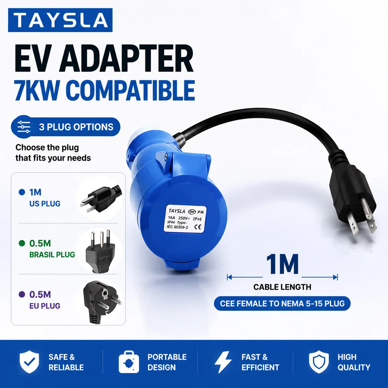 [For Portable 7KW EV Charger] EV Charger Adapter 7KW/32A to 3.5KW/16A, CEE Female to EU/BR/US NEMA 5-15 Plug, 0.5/1m Cable