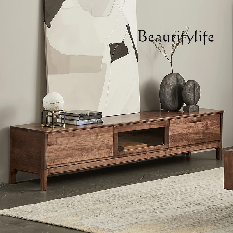 Solid Wood North America Black Walnut Wooden TV Cabinet Modern Minimalist Living Room Home Audio-Visual Floor Cabinet