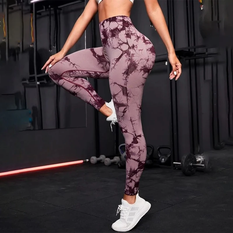 Damskie spodnie do jogi Tie-Dye Hip Lift Ćwiczenia plisowane spodnie fitness z wysokim stanem