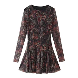 UNIZERA layered decorative hem printed silk mesh long sleeved round neck dress for autumn and winter new women's clothing