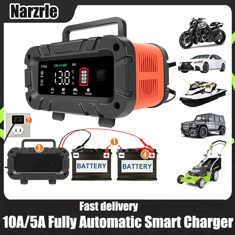 

7-segment 10A/5A/6A Car Motorcycle Charger 12V/24V Smart Charger Lithium AGM GEL Lead-Acid LiFePO4 Battery Charger for Car
