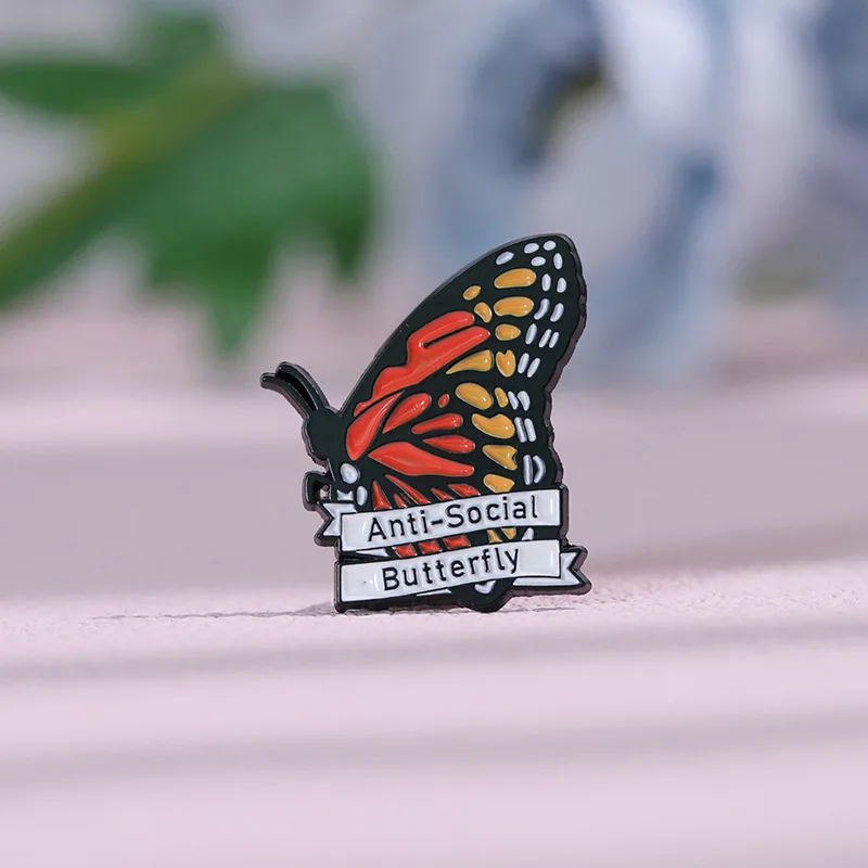 Pins Custom Introverts Brooches Lapel Badges Insect Jewelry Gift for Kids Friends Anti-social Butterfly Enamel