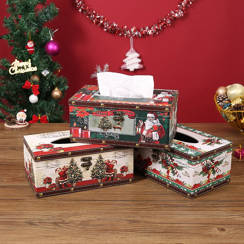 

Christmas Wooden Tissue Box Cover - Leather Paper Holder for Home, Office, Restaurant, Unique Desktop