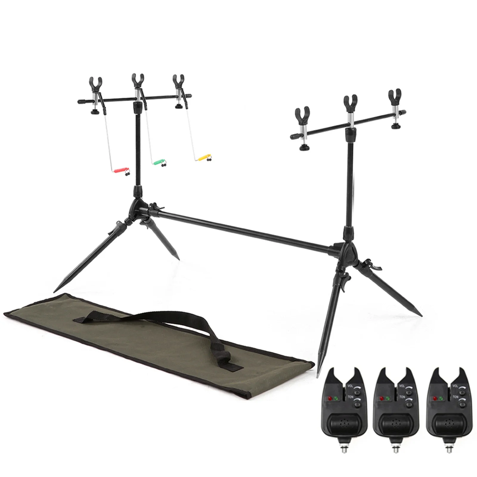 

Adjustable Retractable Carp Fishing Rod Pod Stand Holder Fishing Pole Pod Stand with 3 Bite Alarms Swingers Indicators