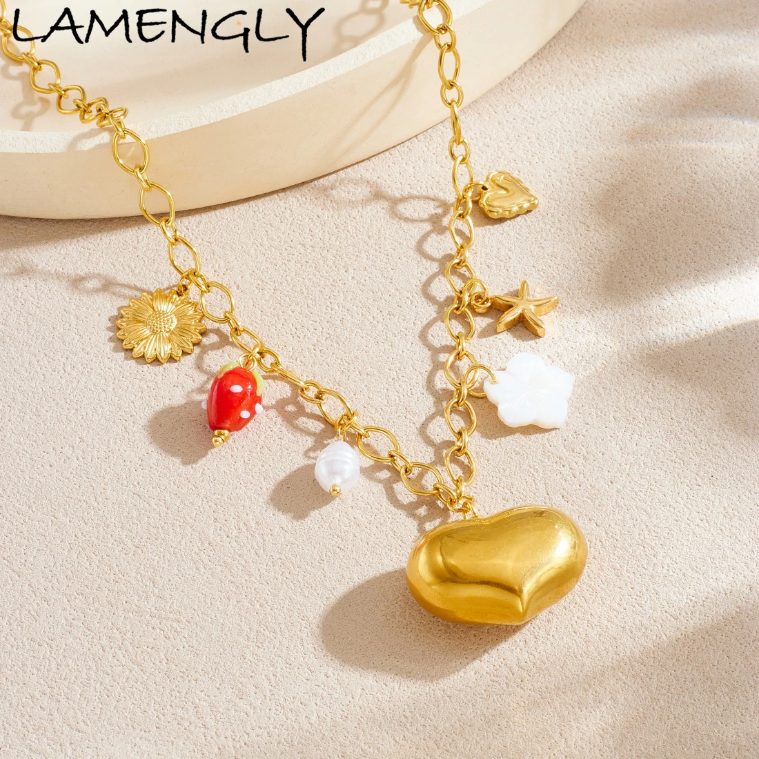 

LAMENGLY 316L Stainless Steel Cute Hollow Heart Sunflower Strawberry Pendant Necklace Lady 18k Gold Plated Waterproof Jewelry