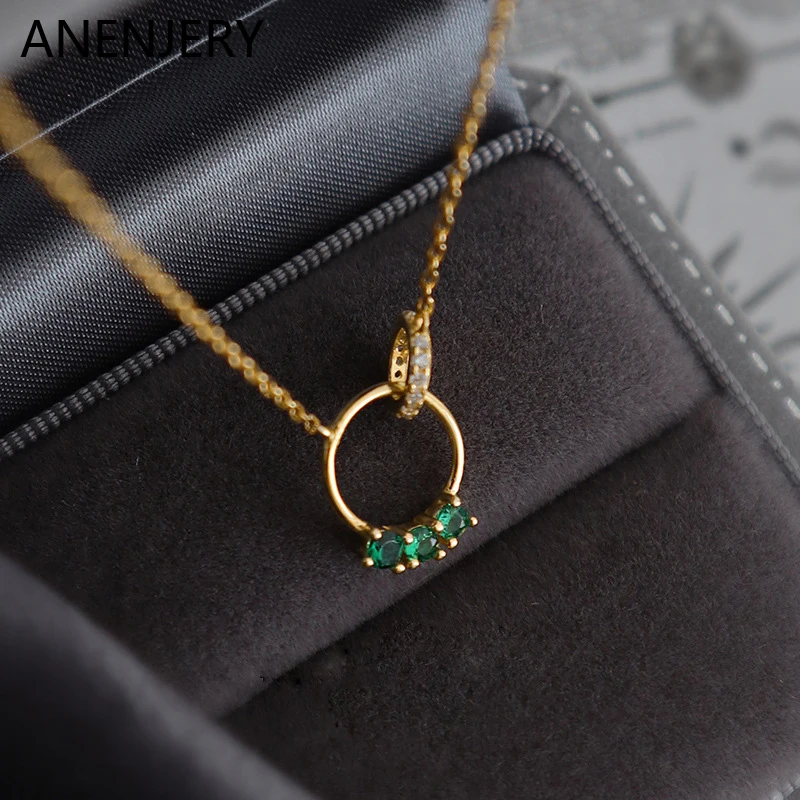 ANENJERY Silver Color Green Zircon Double Circle Necklace Female Love Simple Clavicle Chain Wedding Jewelry