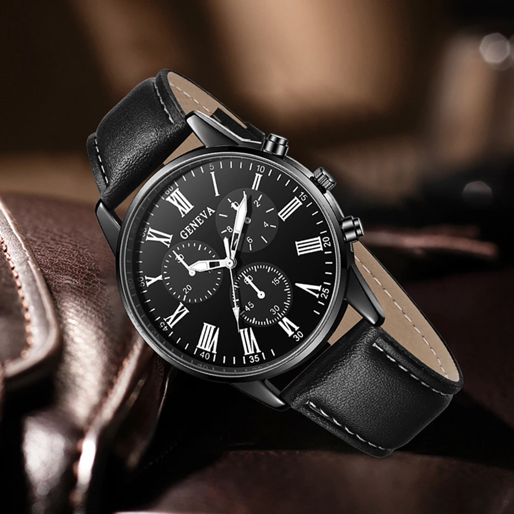 4PCS Black Men's Watch Set Business Trend Versatile Roman Digital Scale Quartz Watch Bracelet Necklace Ring Set Perfect Gift Set image 4