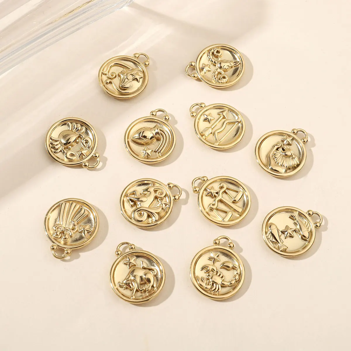 12Pcs/Lot 16*20mm Stainless Steel Round Twelve Zodiac  Charm Rhinestone Constellation Pendants For DIY Necklace Making Accessory