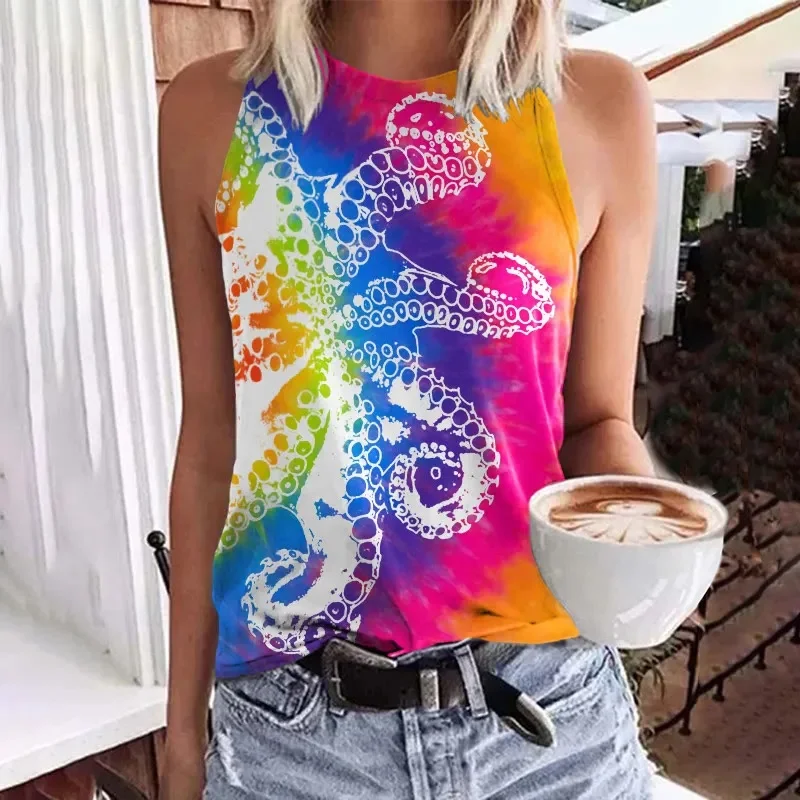 Camiseta sin mangas con cuello redondo y estampado artístico de pulpo con efecto tie-dye arcoíris, chaleco informal de verano para mujer