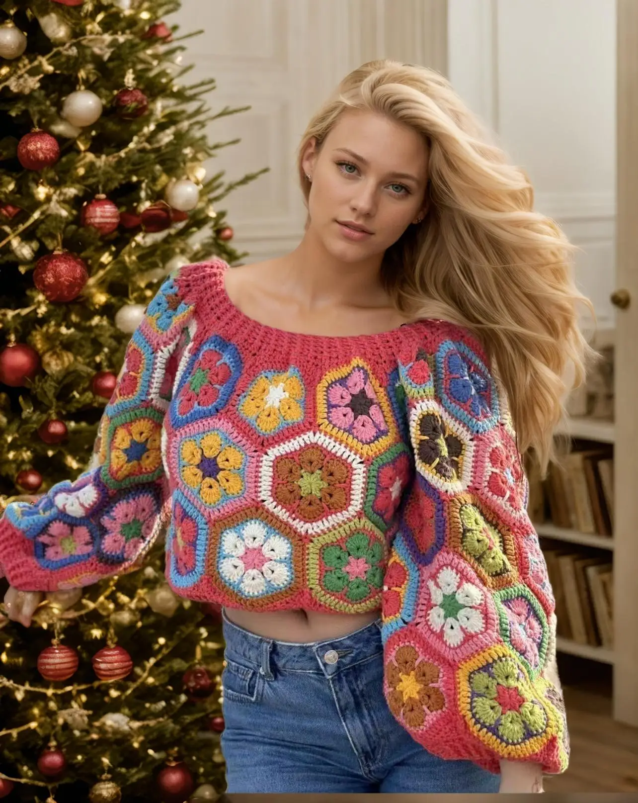 Women Boho Multicolor Plaid Floral Handmade Crochet Crop Sweater Vintage Lantern Sleeve Loose Holiday Pullover Tops F5WQ