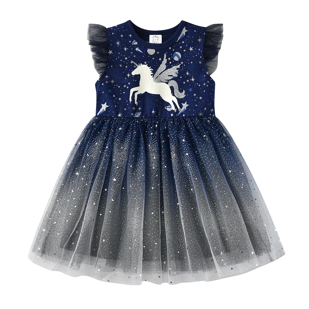 VIKITA Kids Licorne Cartoon Dress Girls Flare Sleeve Summer Dresses Girls Gradient Birthday Party Performance Princess Dresses