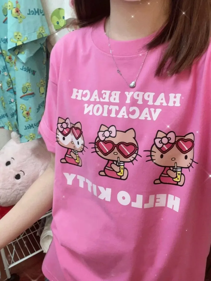 

Korean Version Cute Hello Kitty Printed Short Sleeved T Shirt Women Pure Cotton Kawaii Pink Y2k Tops Summer New Women Clothing
