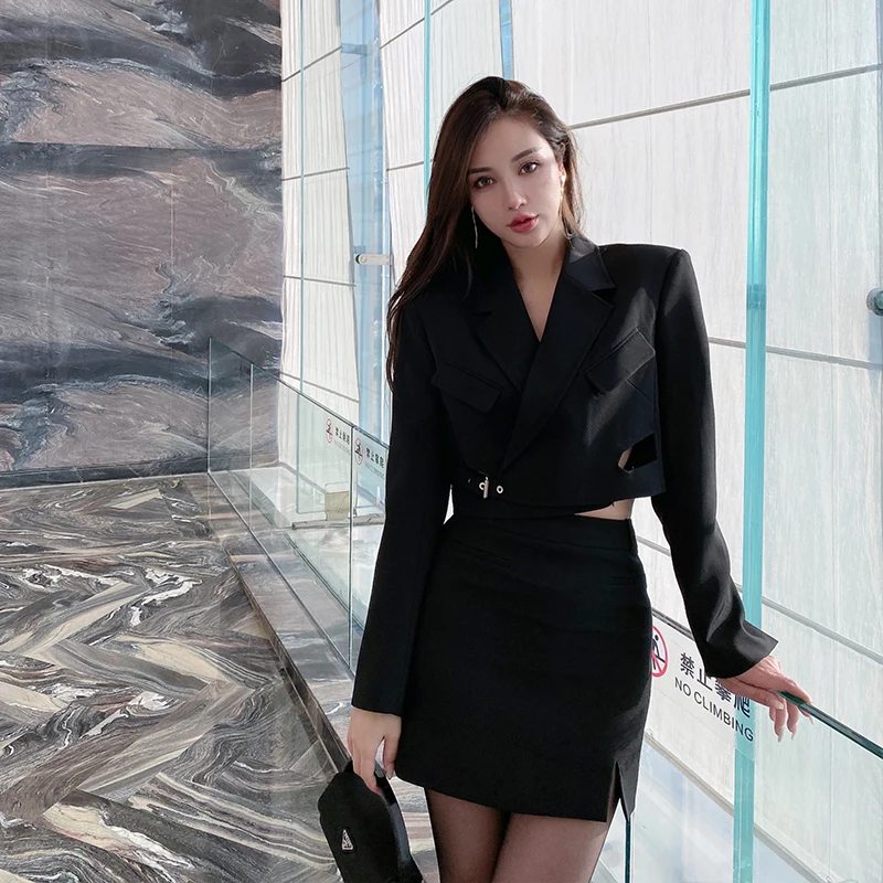 

Faionable ort High Waist Women's Suit Set Wang Jiujiu Slimming Hollow out Top Two Piece Set Polyester Material