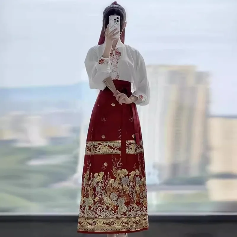 

Женское свадебное платье Hanfu в китайском стиле, рубашка с вышивкой + юбка с красным лицом лошади, традиционное китайское платье для женщин