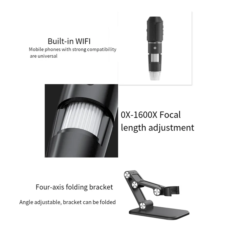AA63 HOT Wireless Microscope,Wifi USB Digital Handheld Microscope, 50 To 1600X Wireless Magnification 8 LED With Metal Stand