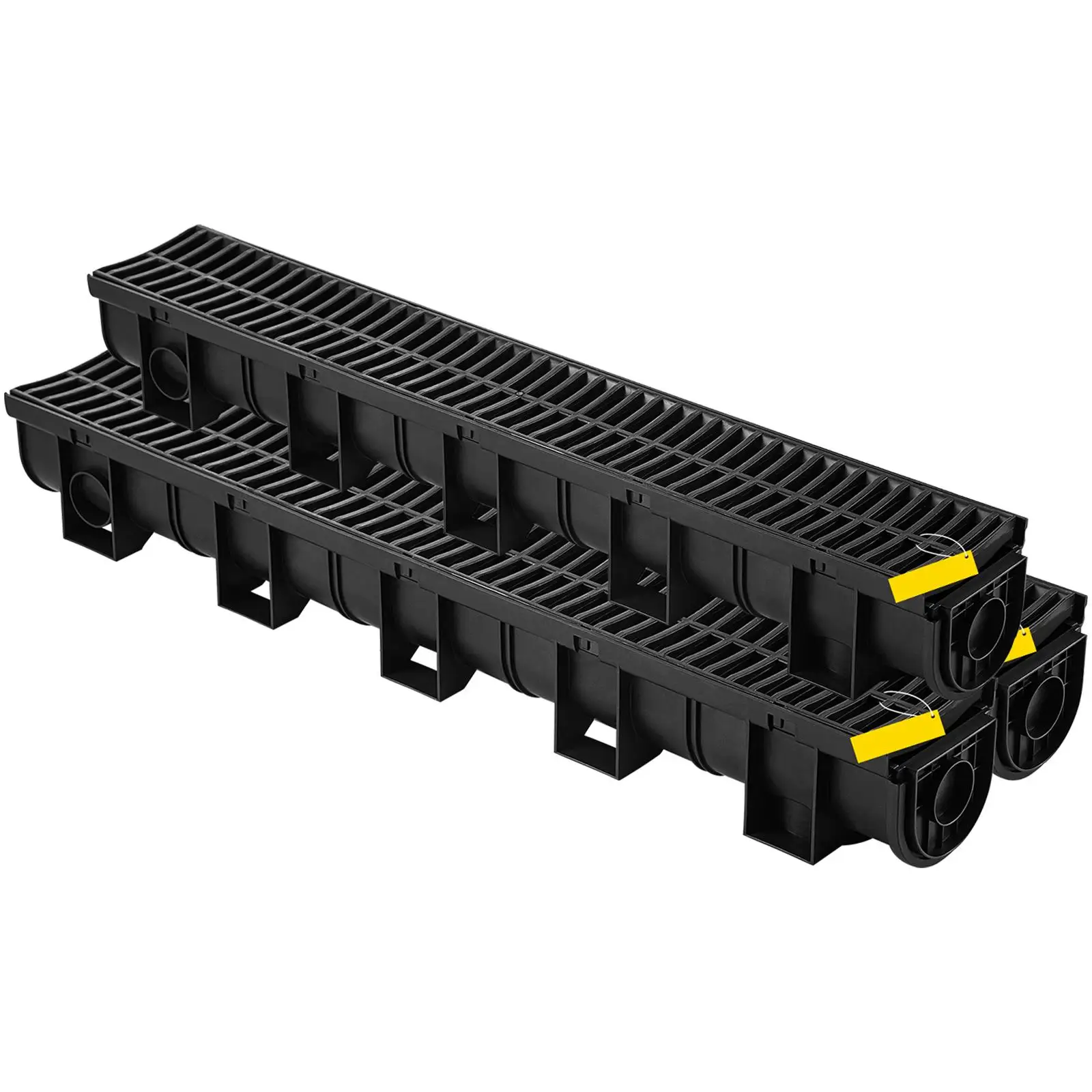 Trench Drain System 5.8 x 5.2 x 39.4 Inch HDPE Channel Drain with Plastic Grate 3 x 39 Inch Grate and 3 End for garden Driveway and Garage Floor 3 Pack Black