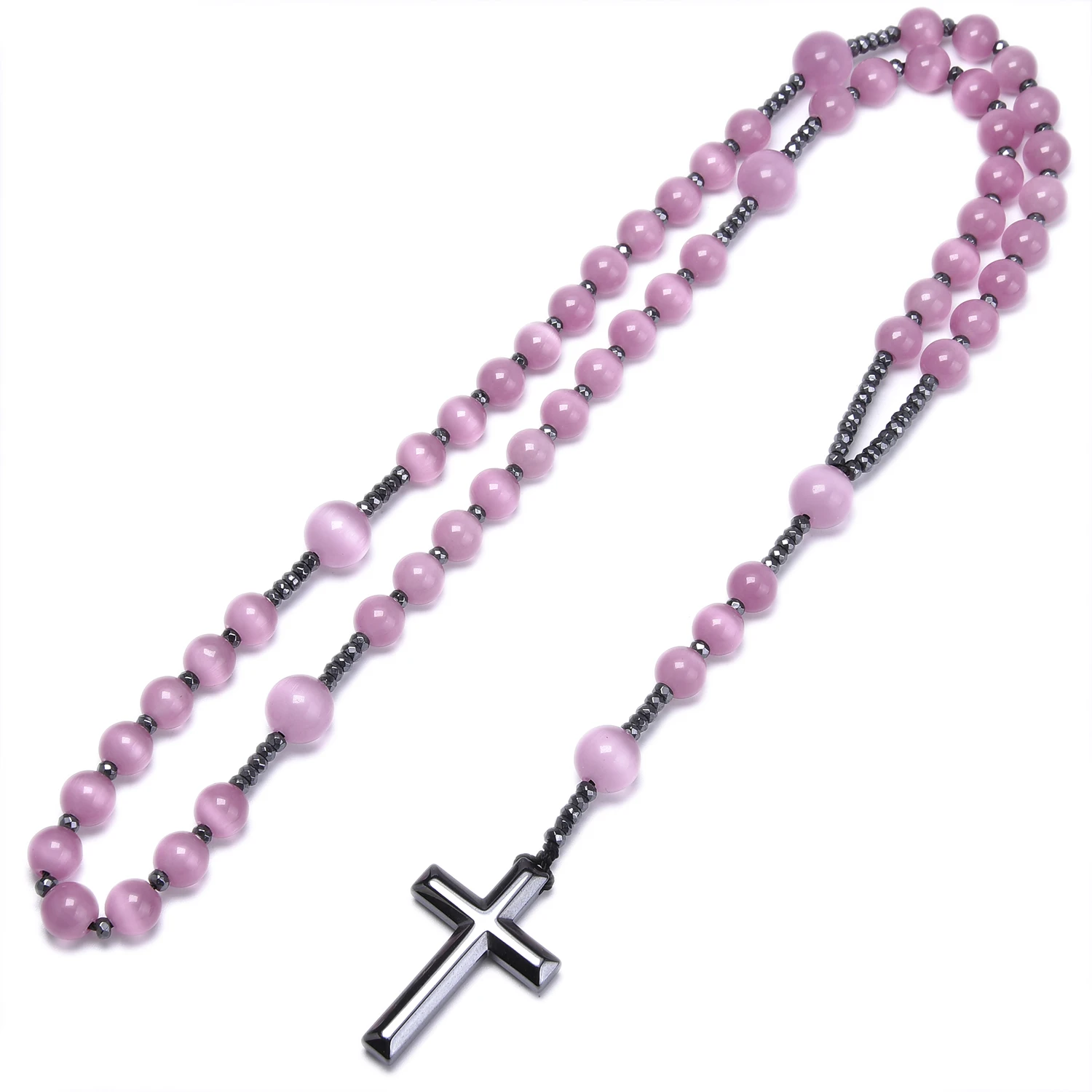 Catholic Christ Rosary Necklaces Pink Cat Eye Stone Hematite Cross Pendant Necklace Women Jewelry