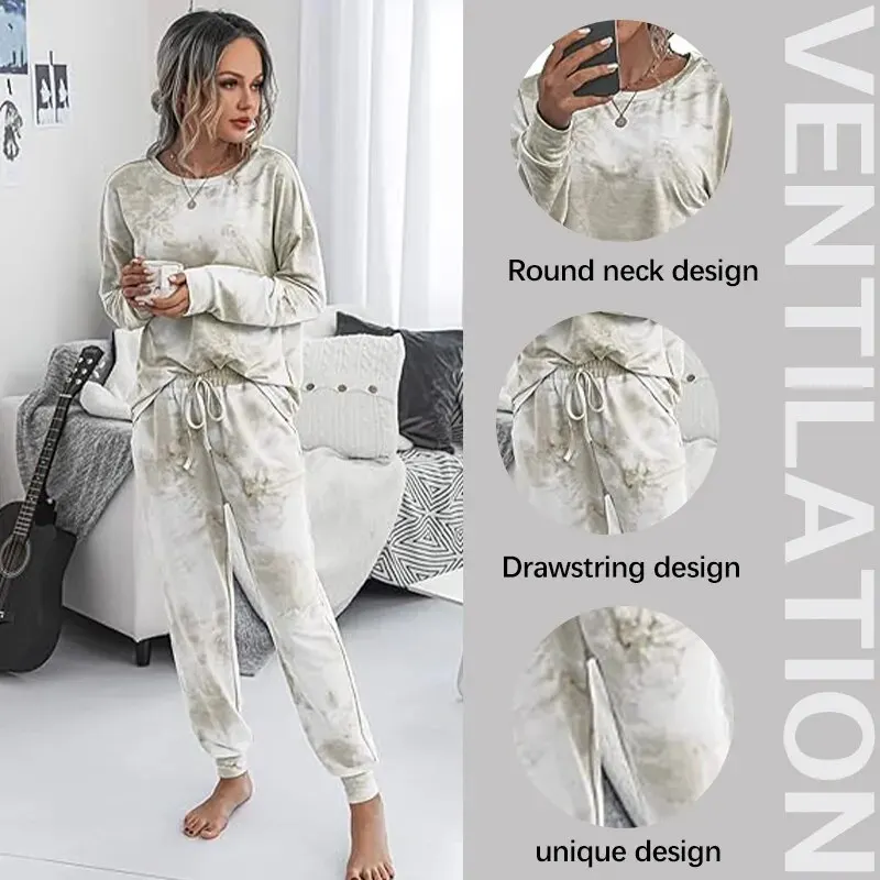 Women\'s Tie-Dye Round Neck Casual Long Sleeve Two-Piece Sweatshirt Set Long Sleeve Sweatshirt With Long Pants