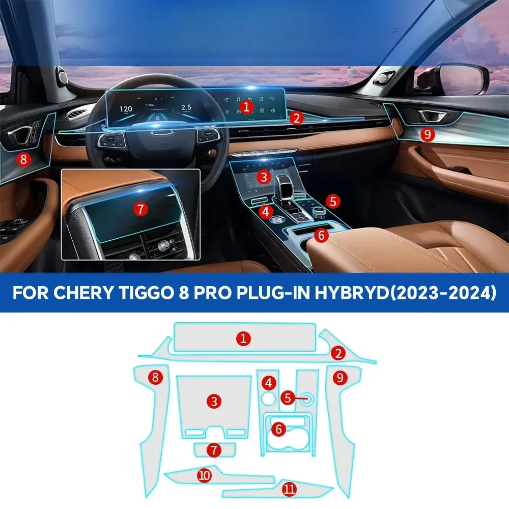 

Внутренняя защитная пленка из ТПУ для Chery Tiggo 8 Pro Plug-IN Hybrid 2023 2024, наклейка против царапин, панель коробки передач, навигационный экран