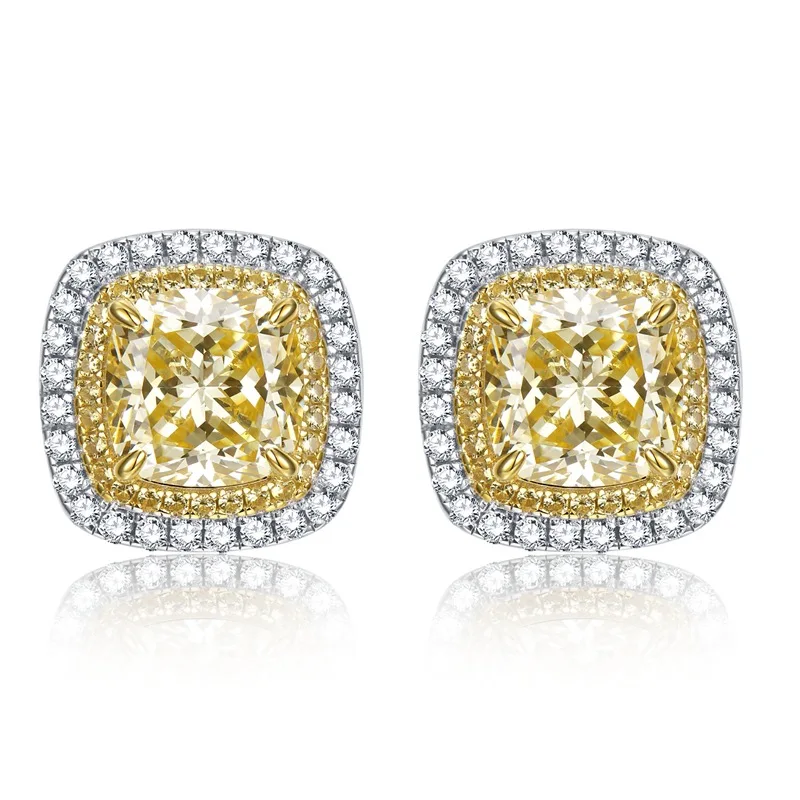 

New 8 * 8 Fat Square Yellow Diamond High Carbon Diamond S925 Silver Ear Nail European and American Platinum Ear Jewelry