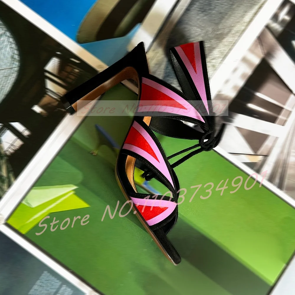 Red Pink Patchwork Thin Heels Sandals Women Slingback Lace Up Ankle Tie Suede Open Round Toe Shoes Sexy Dress High Heels Sandals