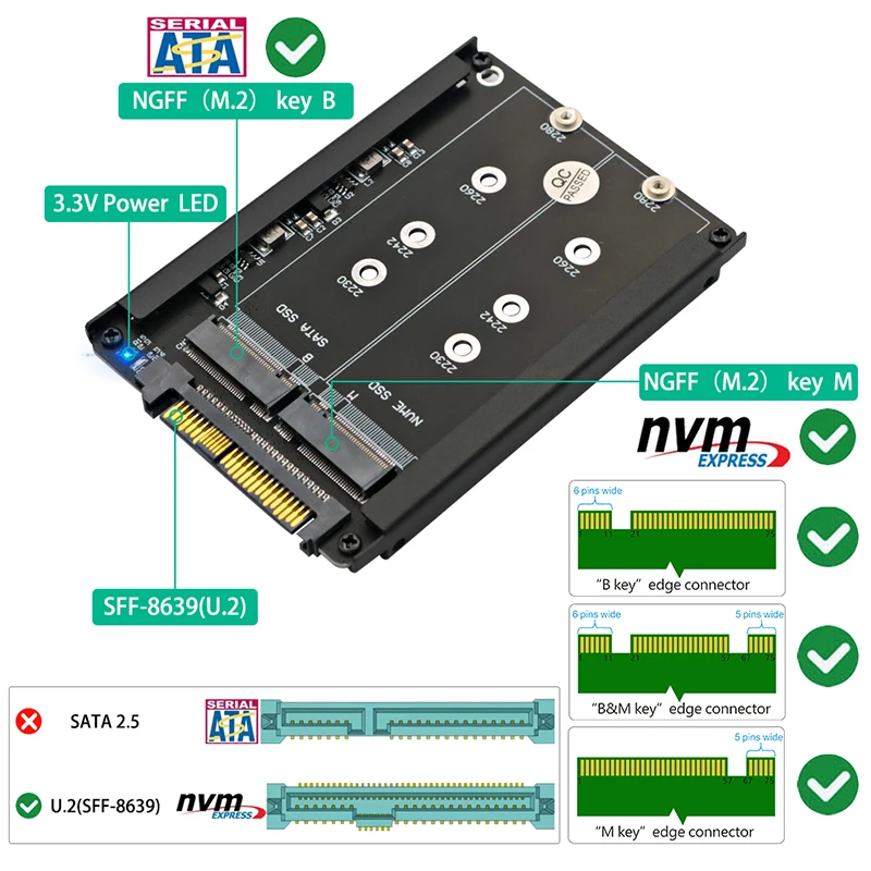 Metal Case M.2 para U.2 Adaptador SSD, Riser Board, Tomada de Gabinete, NVMe, M2, SATA, PCI-e, U2, SFF-8639, Conversor para PC, Computador