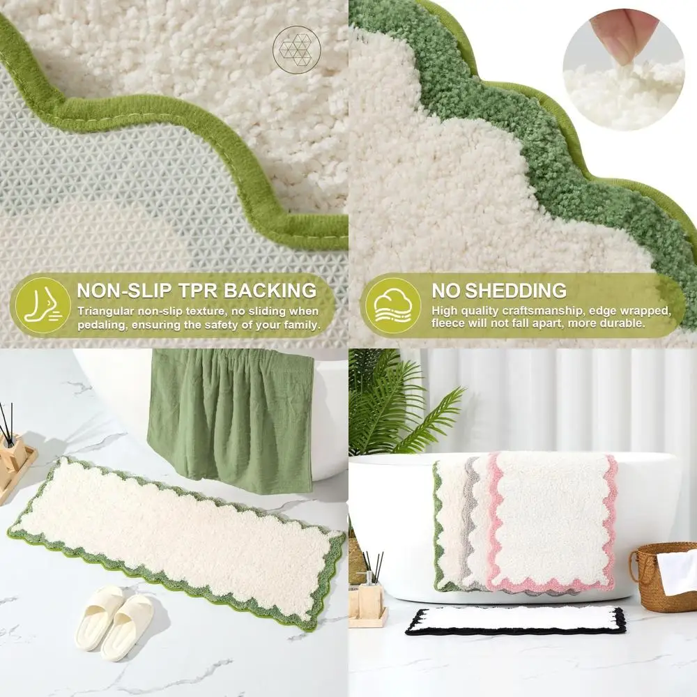 

White & Green Plush Microfiber Scalloped Bath Rugs, Non-Slip, Washable, Quick-Dry, Absorbent, Suitable for Bath, Sink, Laundry &