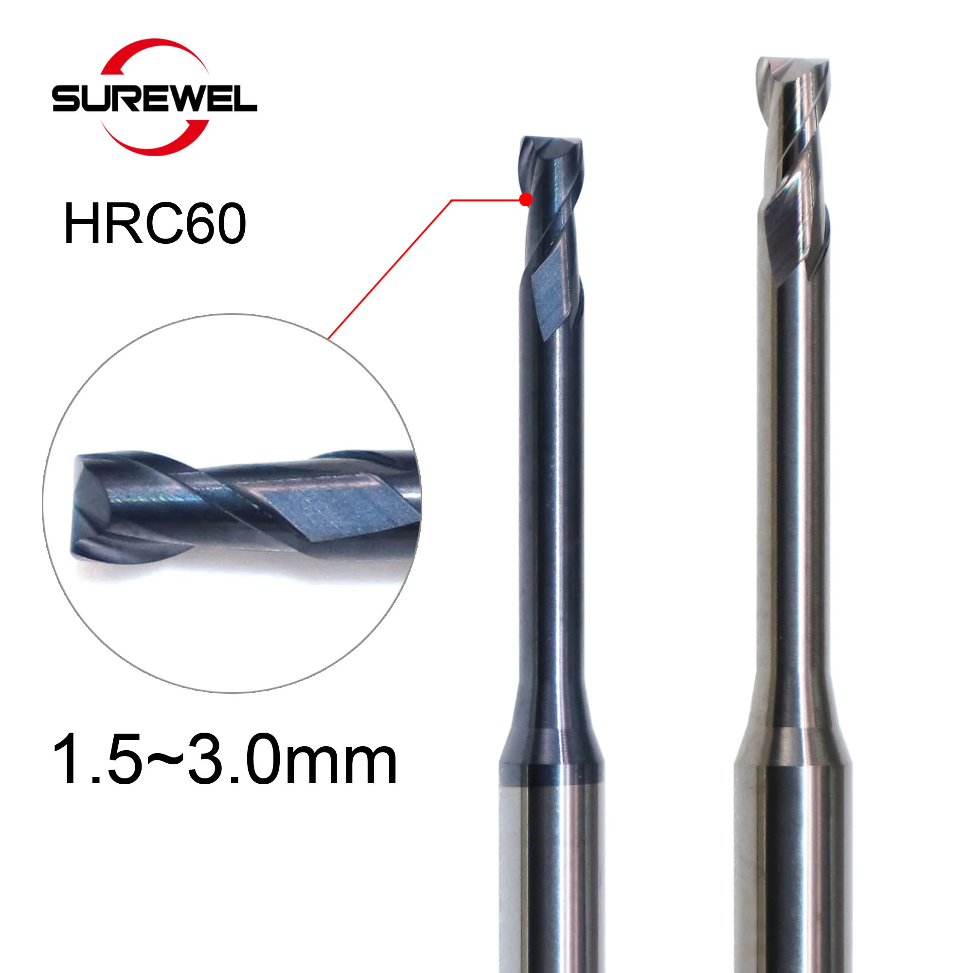 

SUREWEL 1.5~3.0mm HRC60 Long Neck Micro End Mill for Aluminum Alloy Copper,Stainless Steel CNC Machining Carbide Tungsten Cutter