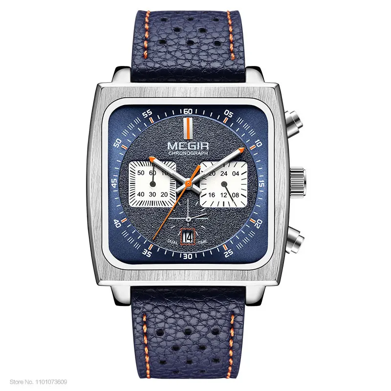 MEGIR Blue Square Dial Watch for Men Casual Sport Leather Strap Chronograph Quartz Wristwatch with Date 24-hour 3atm Waterproof