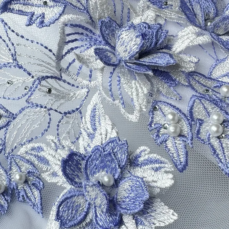 1Pcs 3D Flower Lace Patch Blue Applique Mesh Embroidery Fabrics Beaded Patches Sewing Cloth Wedding Evening Dress Decora DIY