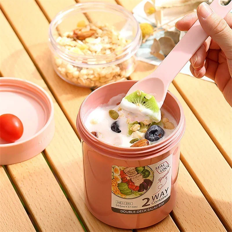 Bento Lunch Box Salad Oatmeal Breakfast Double Cup Cereal Nut Yogurt Container Set with Dressing Holder Fork Meal Preparation view 5
