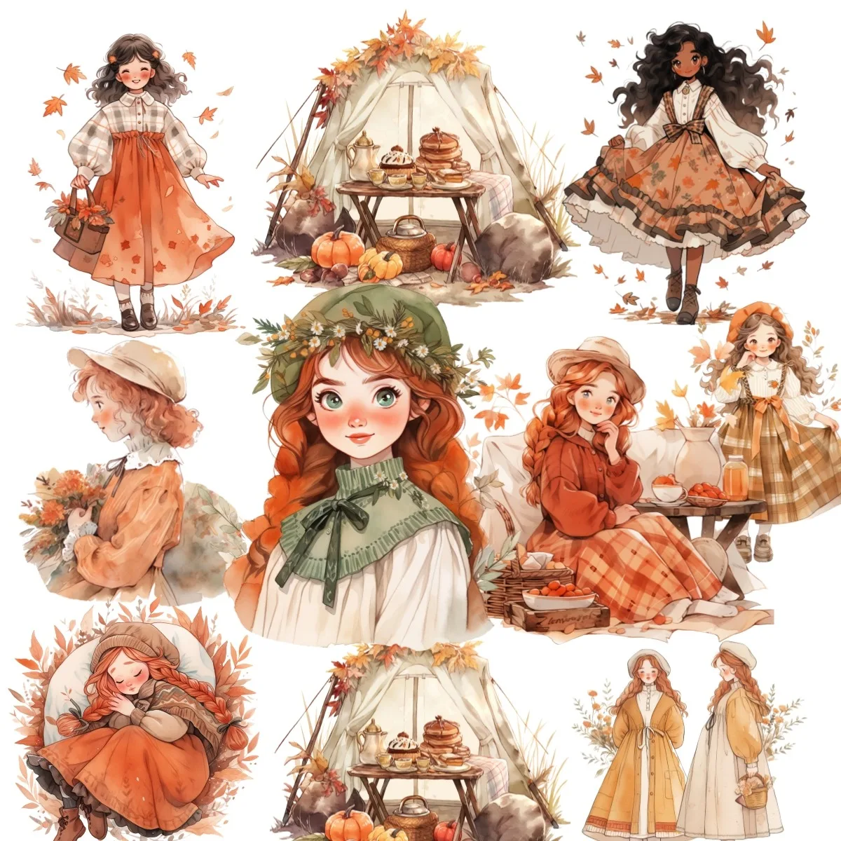 1 Set Autumn watercolor forest style double ponytail girl picnic Stickers Decorative Scrapbooking Journaling Stationery