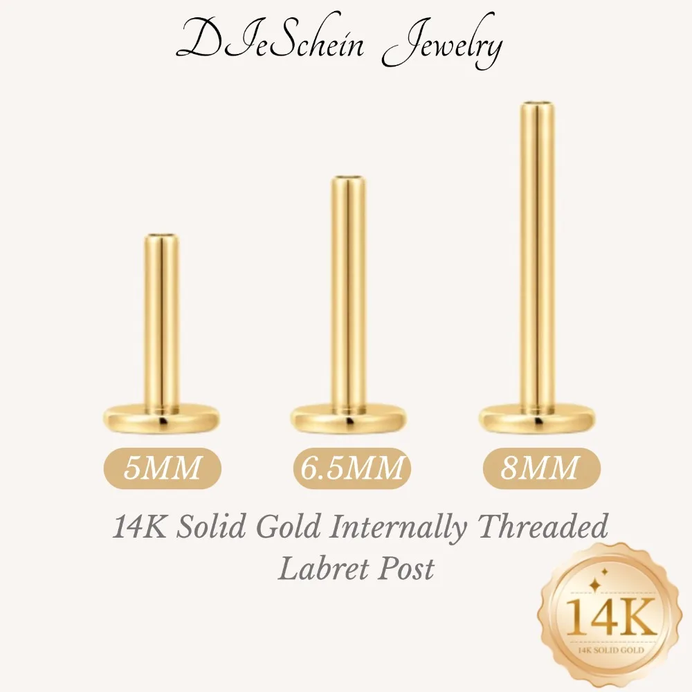 DIeSchein 14K Solid Gold 6.5/8/10mm Internally Threaded Labret Postfor healing piercings 18G Flat Back Replacement Bar