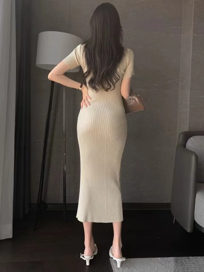 

Ele Knitted Dr Women's Collar Long Sexy Gown Waist-Cinching Design Pure Desire Sle Commute Faion Basic Color