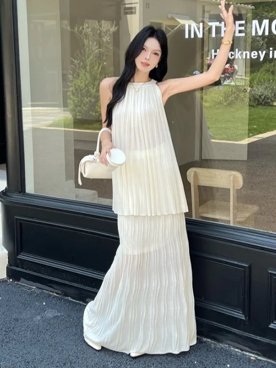 

Summer Slimming Waist Cinched Sleeveless Top And High Waist Midi Skirt Two Piece Set Women's Fashion Ensemble Chic Anti-Wrinkle