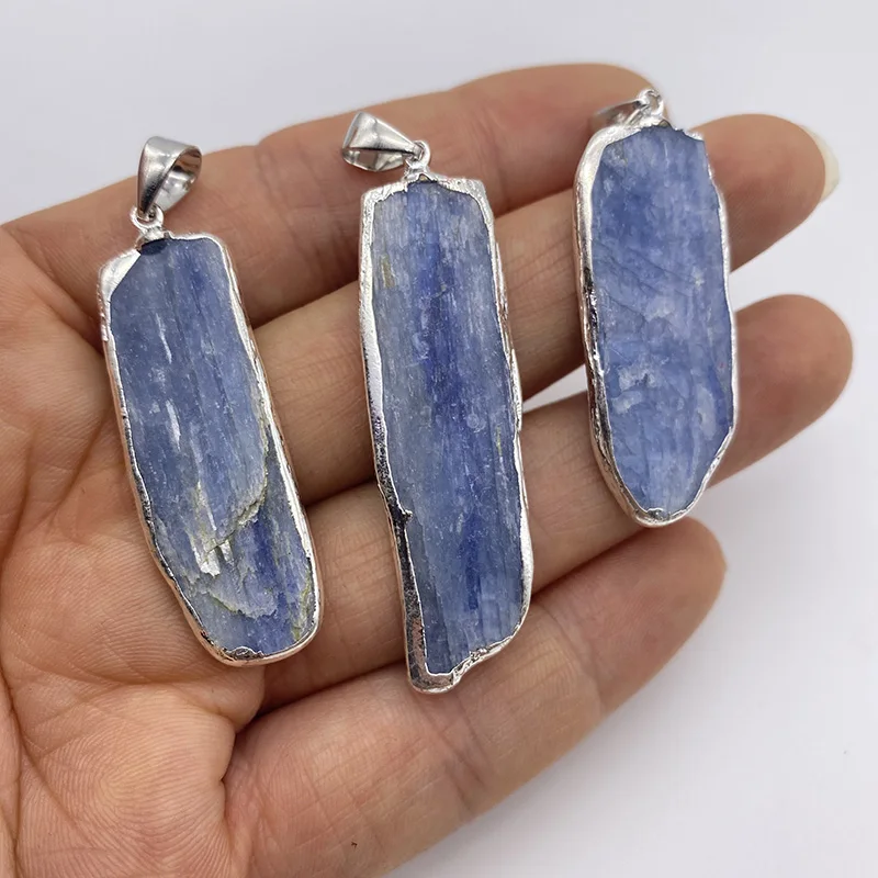 Essentials Kyanite Cyanite Rough Natural Healing Crystal Blue Stone Silvertone Color with Metal Chain 18