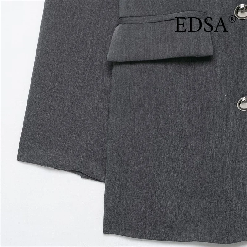 سترة EDSA للسيدات باللون الرمادي مزدوجة الصدر مع جيوب قلابة لمعطف سترة بأكمام طويلة للسيدات في المكتب