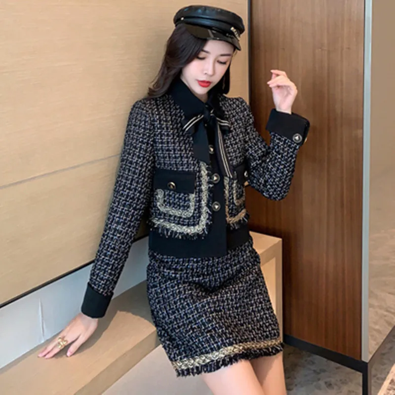 Small Fragrance Plaid Woolen Tweed Two Piece Set Autumn Winter Women Short Jacket Bowknot Pocket Coat + A Line Mini Skirt Suit