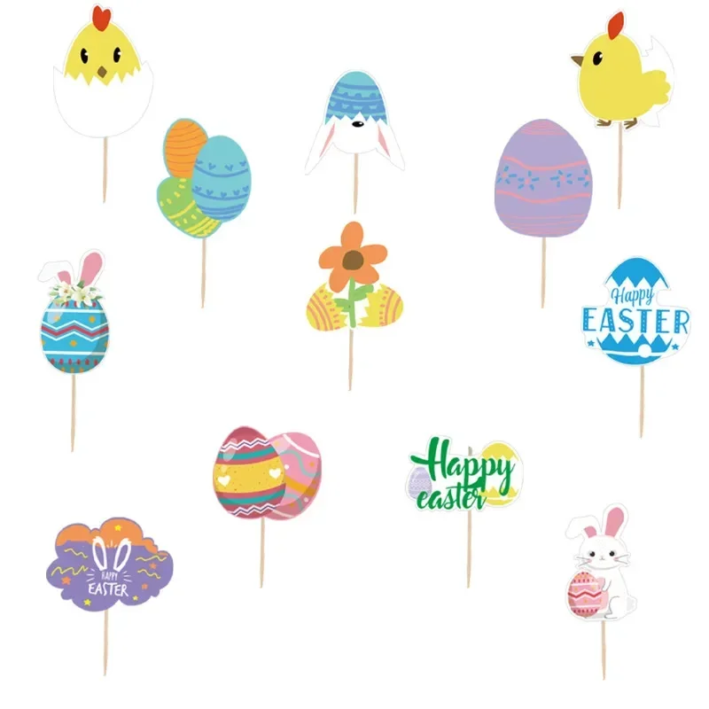 6Pcs Easter Colourful Chicken Rabbits Eggs Flower Shaped Paper Cute Cake Toppers for Easter Cake Cupcake Dessert Decorations