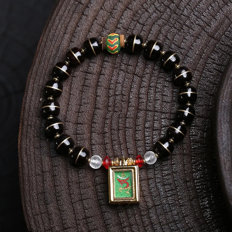 

Natural Black Gold Coconut Tee Copper Inlay Bucket Beads Single Ring Hand-painted Thangka Pendant Literary Buddha Bead Strings