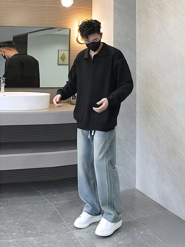 

Cleanfit Bla Collared Long Sve V-Ne Knitwear Men's Autumn Winter Lazy Sle High-End Feeling American Jaet