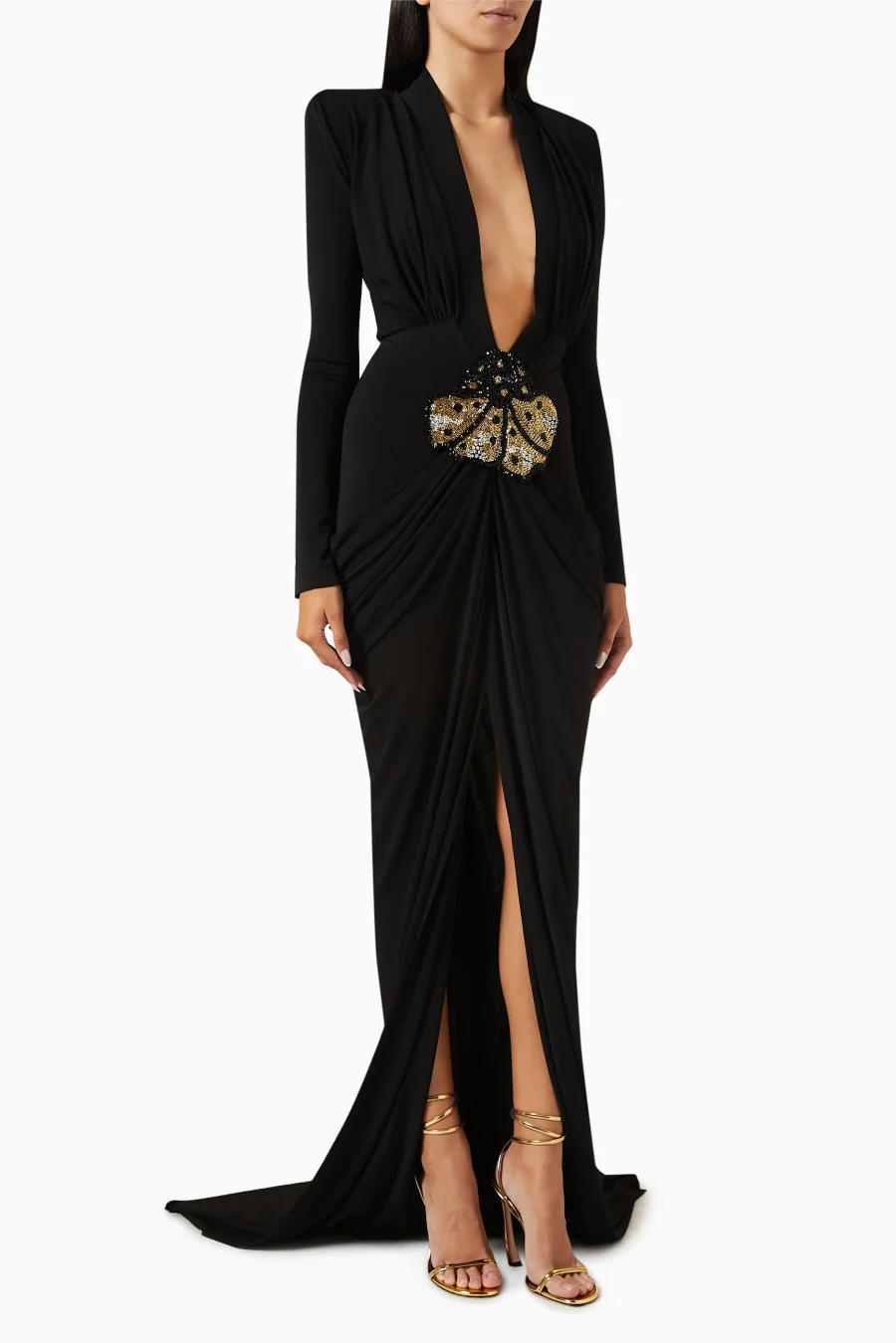 Robe Sexy à manches longues pour femmes, décolleté en v profond, perles brillantes, moulante, longueur au sol, tenue de soirée, de bal, de Cocktail