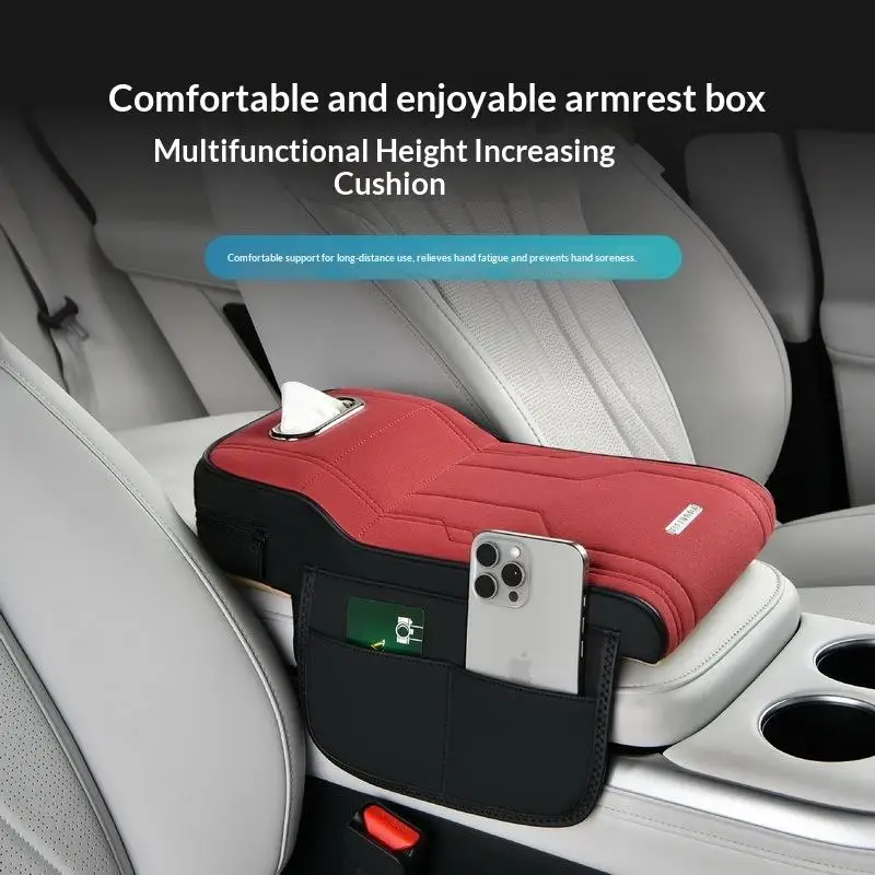 Reposabrazos Universal para Coche con Almohadilla Elevadora, Caja de Almacenamiento de Tejido de Borreguito y Soporte Lateral para Tarjetas/Bolsa de Almacenamiento